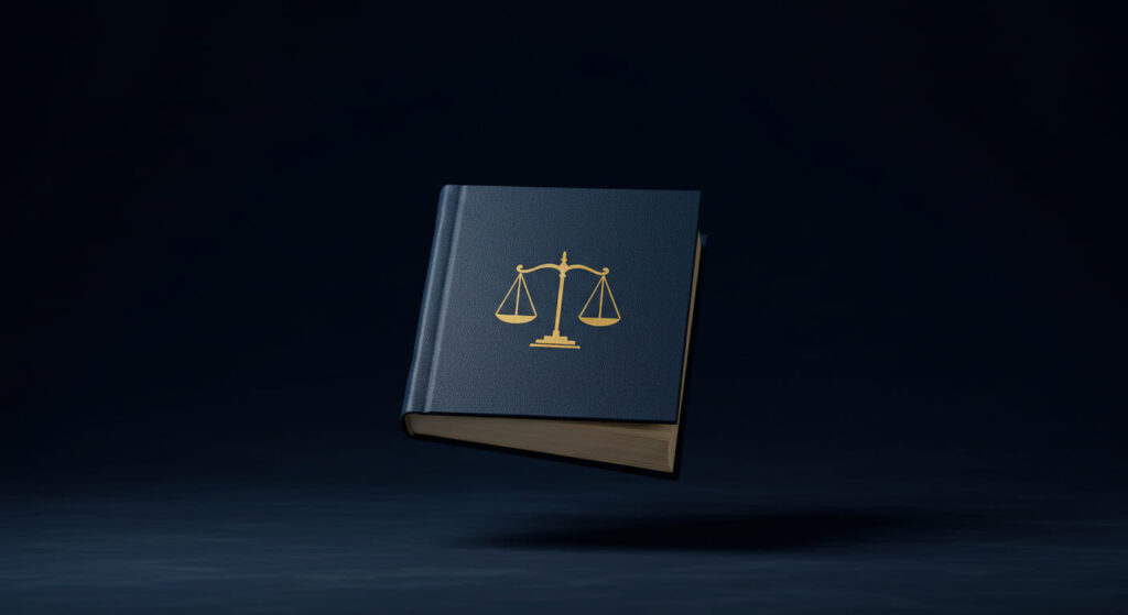Livro fechado flutuando sobre fundo azul marinho, com detalhes em dourado. Símbolo da justiça em alto relevo na capa. Representa o vasto conhecimento jurídico disponível na nossa livraria.