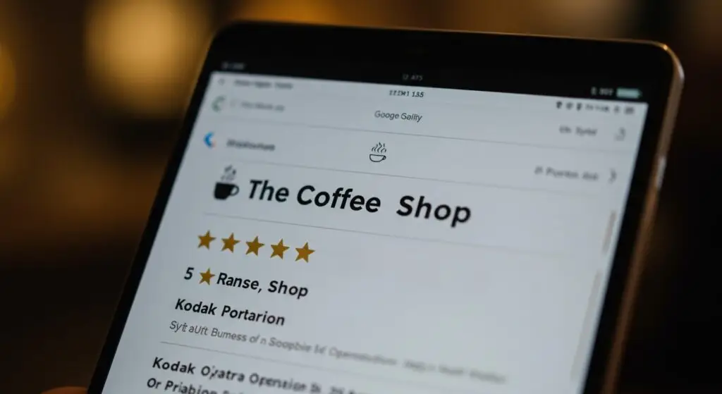 Celular exibindo o perfil do Google Meu Negócio de uma cafeteria, com informações como endereço, horário de funcionamento, avaliações de clientes e fotos de produtos, incluindo xícaras de café e doces. O fundo apresenta uma mesa de madeira com uma xícara de café e um bloco de notas, criando um ambiente aconchegante e convidativo